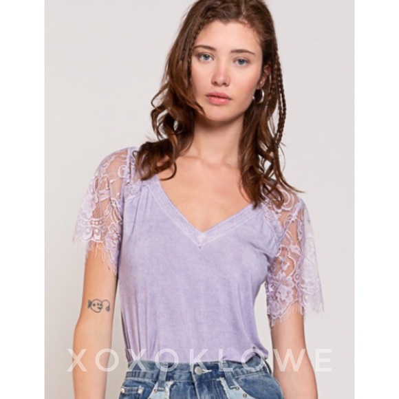 POL Lavender Buttery Soft Lace Sleeve V Neck Premium Tee - Picture 8 of 11